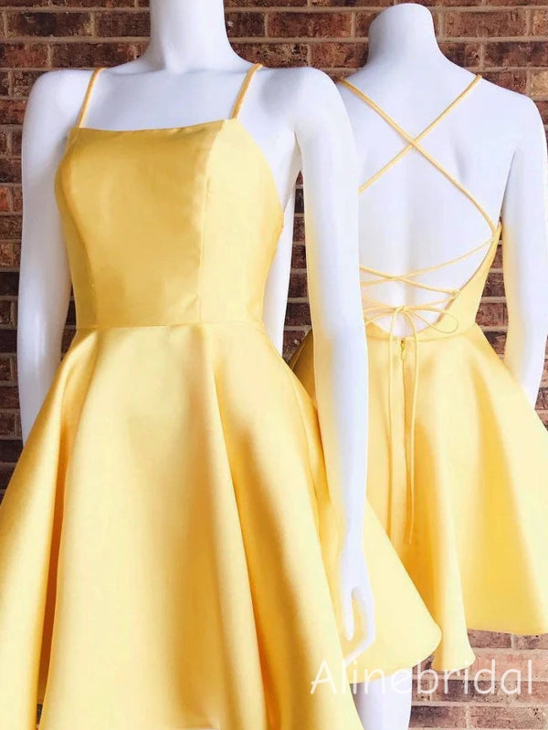 Elegant Spaghetti Lace-up Back A-line Yellow Soft Satin Short Homecoming Dress, Prom DressPD382246