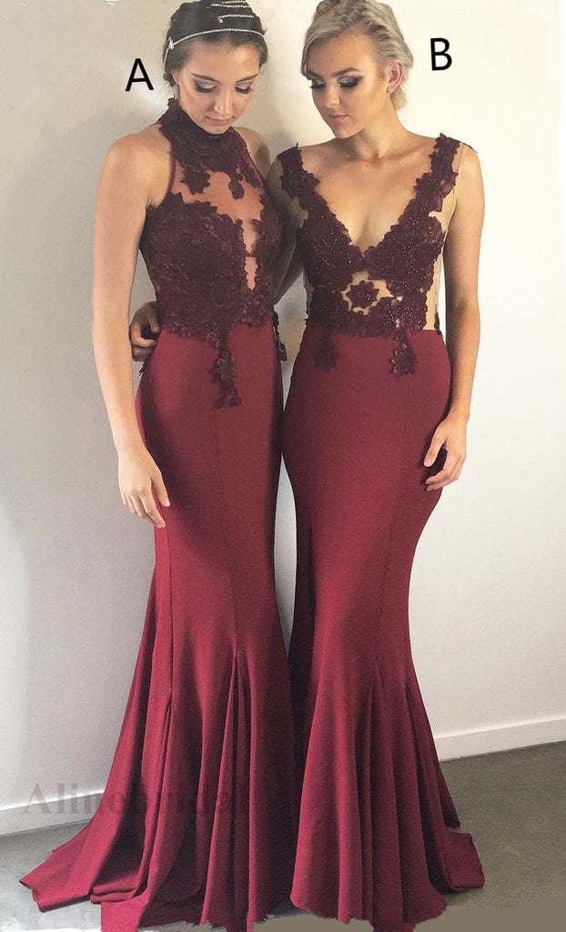 Mismatched Burgundy V-neck Sleeveless Lace Mermaid Bridesmaid Dress, PD3152