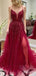 Elegant Red V-neck Lace Applique A-line Long Tulle Prom Dress, PD38078
