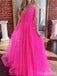 Simple Pink V-neck Spaghetti Strap A-line Long Tulle Prom Dress,PD38080