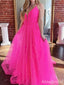 Simple Pink V-neck Spaghetti Strap A-line Long Tulle Prom Dress,PD38080
