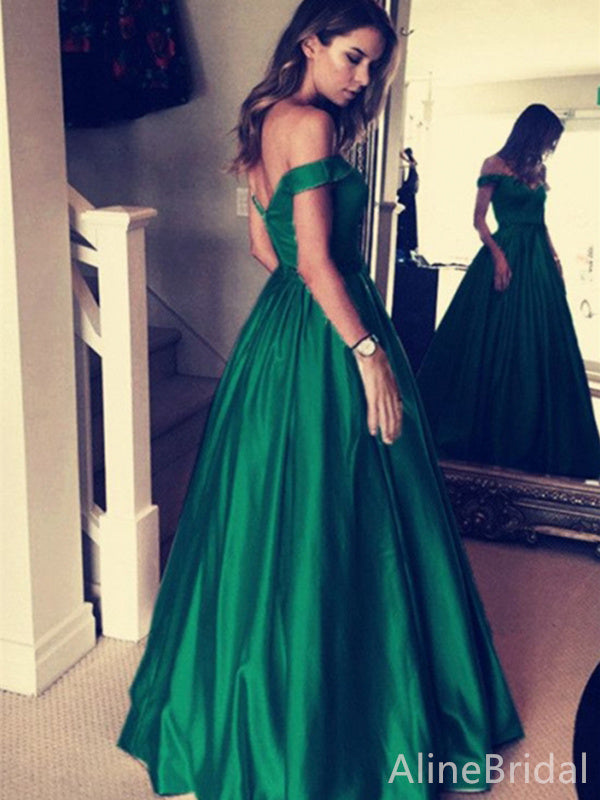 Sexy Green V-neck Off the Shoulder A-line Long Prom Dress, PD38086