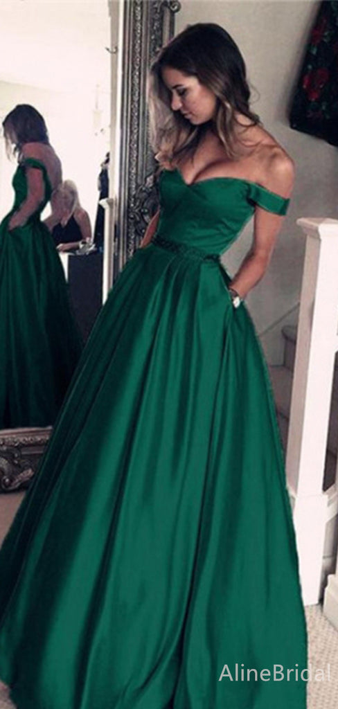 Sexy Green V-neck Off the Shoulder A-line Long Prom Dress, PD38086