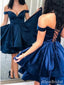 Elegant Dark Blue V-neck Off the Shoulder A-line Short Homecoming Dress, HD327989