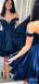 Elegant Dark Blue V-neck Off the Shoulder A-line Short Homecoming Dress, HD327989
