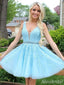Gorgeous V-neck Blue Lace Appliques A-line Short Homecoming Dress, HD327990