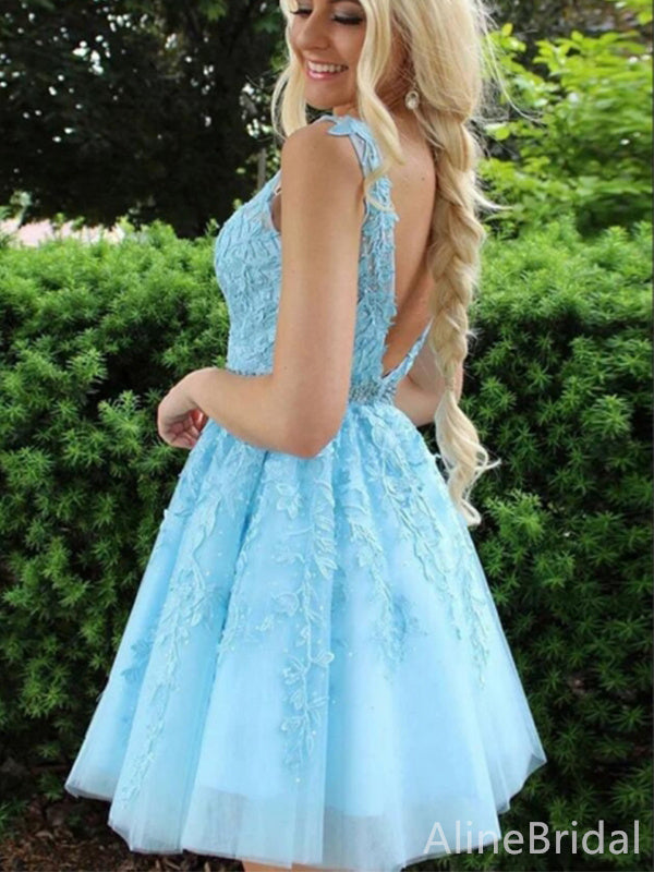 Gorgeous V-neck Blue Lace Appliques A-line Short Homecoming Dress, HD327990