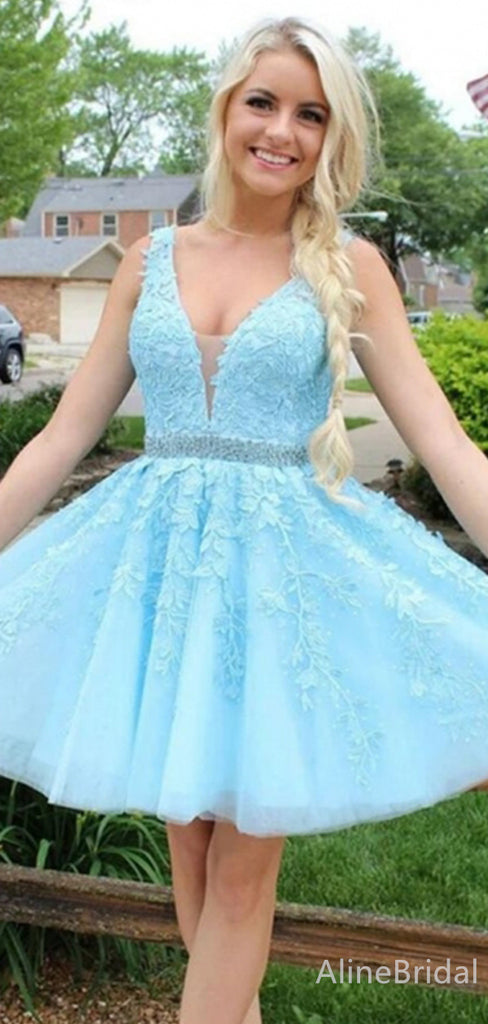 Gorgeous V-neck Blue Lace Appliques A-line Short Homecoming Dress, HD327990