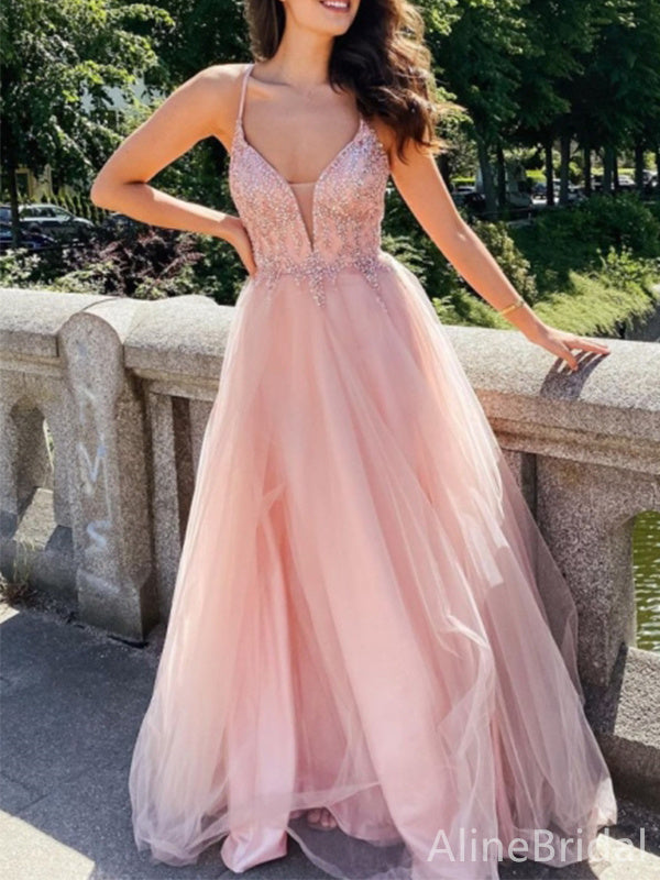 Gorgeous Pink V-neck Spaghetti Strap A-line Long Tulle Prom Dress with Beading, Evening Gown, PD38092