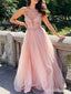 Gorgeous Pink V-neck Spaghetti Strap A-line Long Tulle Prom Dress with Beading, Evening Gown, PD38092