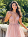 Gorgeous Pink V-neck Spaghetti Strap A-line Long Tulle Prom Dress with Beading, Evening Gown, PD38092