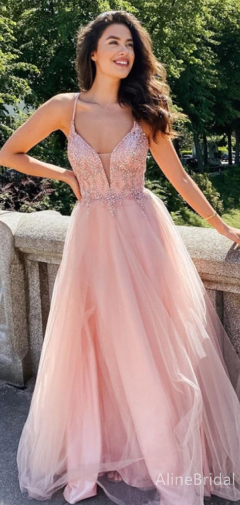 Gorgeous Pink V-neck Spaghetti Strap A-line Long Tulle Prom Dress with Beading, Evening Gown, PD38092