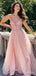 Gorgeous Pink V-neck Spaghetti Strap A-line Long Tulle Prom Dress with Beading, Evening Gown, PD38092