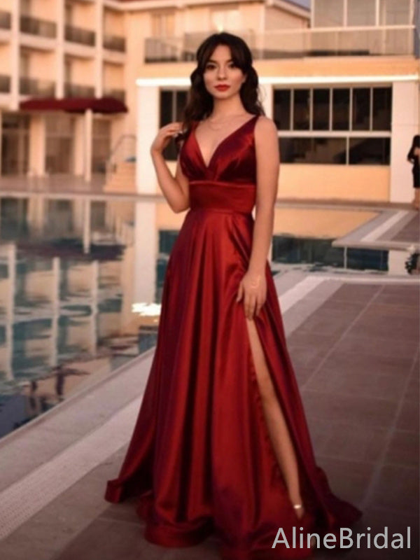 Simple Red V-neck Side Slit A-line Long Prom Dress, Evening Dres, PD38094