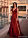 Simple Red V-neck Side Slit A-line Long Prom Dress, Evening Dres, PD38094