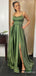 Simple Green Spaghetti Strap Split Side A-line Long Prom Dress, PD38095
