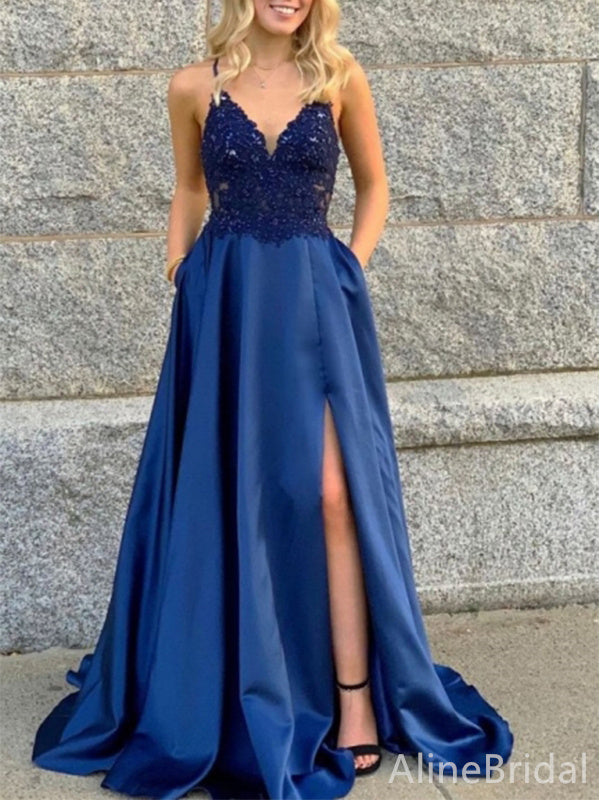 Gorgeous Navy Blue Lace Top Side Slit Mermaid Long Prom Dress, Evening Dress, PD38089