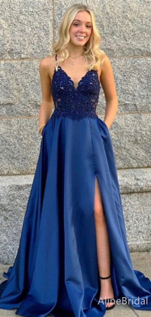 Gorgeous Navy Blue Lace Top Side Slit Mermaid Long Prom Dress, Evening Dress, PD38089