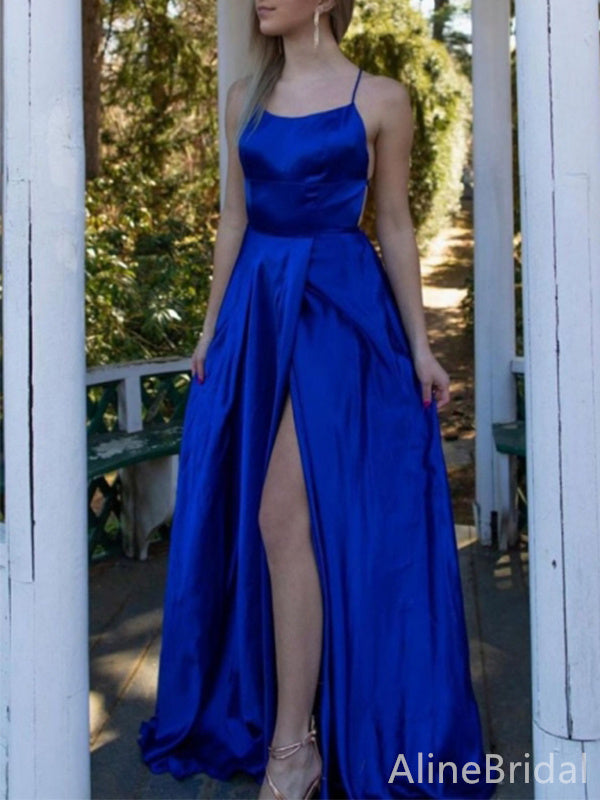 Elegant Royal Blue Spaghetti Strap Split Side A-line Long Prom Dress, PD38093