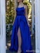 Elegant Royal Blue Spaghetti Strap Split Side A-line Long Prom Dress, PD38093