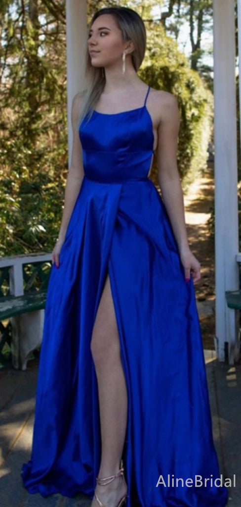 Elegant Royal Blue Spaghetti Strap Split Side A-line Long Prom Dress, PD38093
