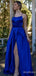 Elegant Royal Blue Spaghetti Strap Split Side A-line Long Prom Dress, PD38093