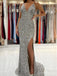 Sparkly Silver Sequins V-neck Spaghetti Strap Mermaid Long Prom Dress, PD38088