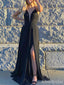 Sexy Black Deep V-neck Spaghetti Strap A-line Long Prom Dress,PD38081