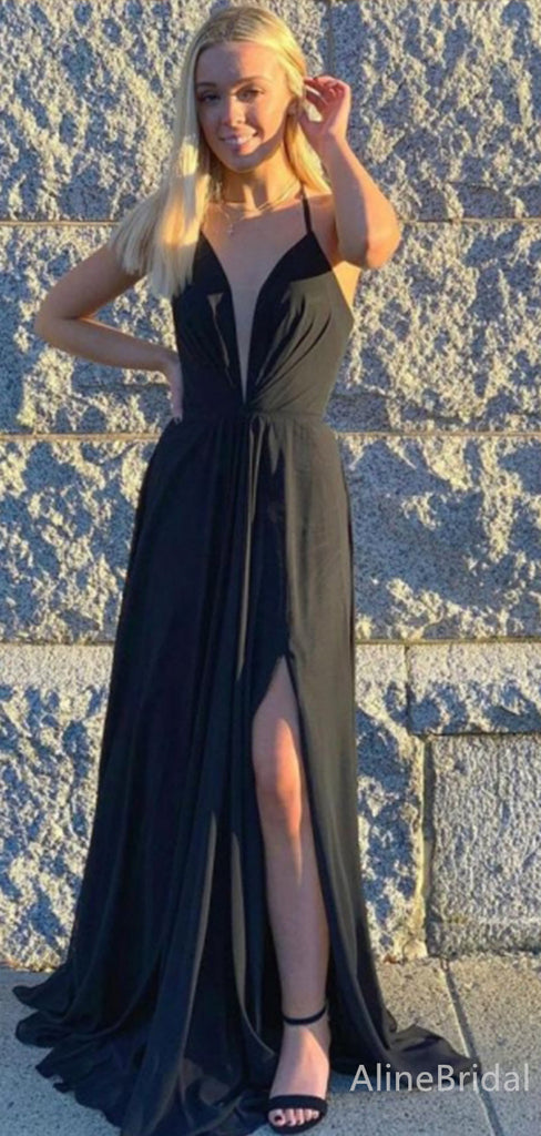 Sexy Black Deep V-neck Spaghetti Strap A-line Long Prom Dress,PD38081