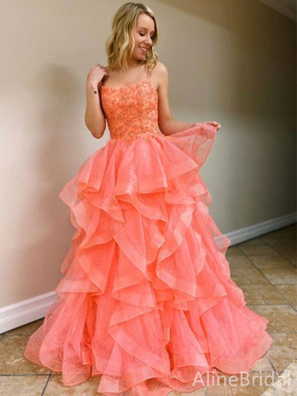 Sparkly Coral Spaghetti Strap A-line Tiered Tulle Long Prom Dress, PD38096