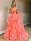 Sparkly Coral Spaghetti Strap A-line Tiered Tulle Long Prom Dress, PD38096