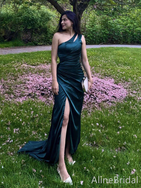 Elegant Dark Green One Shoulder Cut Out Mermaid Long Prom Dress with Slit, PD38098