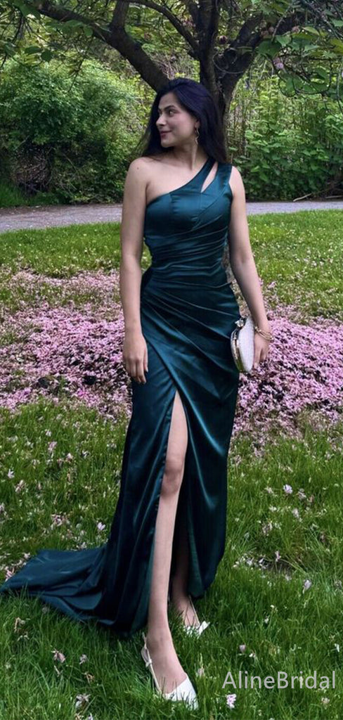 Elegant Dark Green One Shoulder Cut Out Mermaid Long Prom Dress with Slit, PD38098