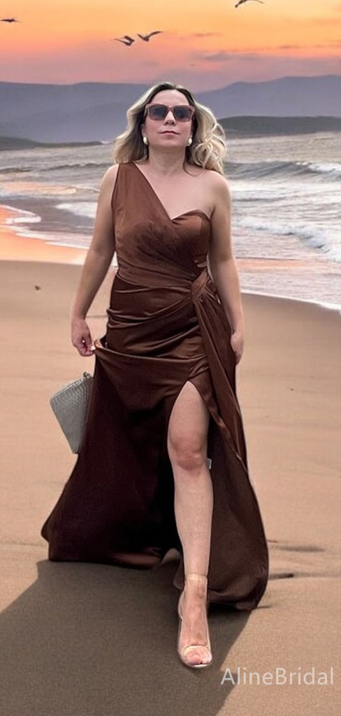 Elegant Brown One Shoulder Mermaid Long Prom Dress with Slit, PD38099