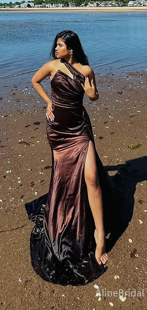 Elegant Dark Brown One Shoulder Side Slit Mermaid Long Prom Dress,Evening Dress, PD38102