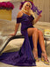 Elegant Purple Off the Shoulder Side Slit Mermaid Long Prom Dress with Pleats,PD38103