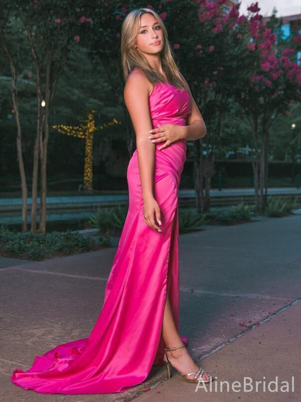 Elegant Hot Pink Sweetheart Spaghetti Strap Side Slit Mermaid Long Prom Dress,PD38104