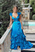 Sexy Blue V-neck Sleeveless Ruffle Tiered Long Prom Dress, PD3649