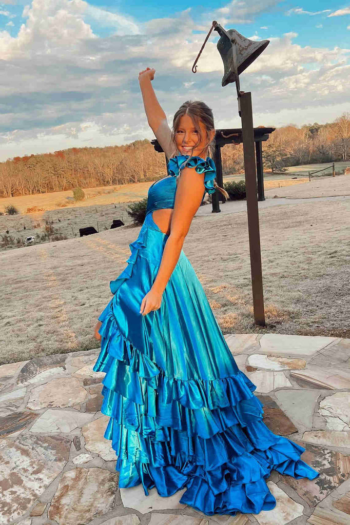 Sexy Blue V-neck Sleeveless Ruffle Tiered Long Prom Dress, PD3649