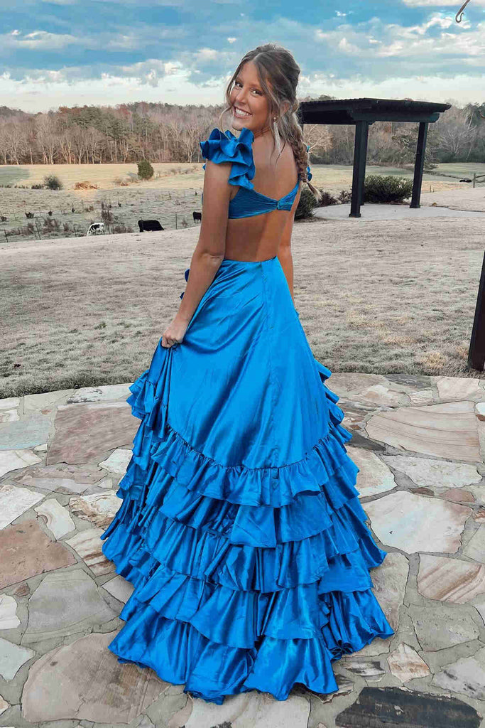 Sexy Blue V-neck Sleeveless Ruffle Tiered Long Prom Dress, PD3649