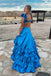 Sexy Blue V-neck Sleeveless Ruffle Tiered Long Prom Dress, PD3649