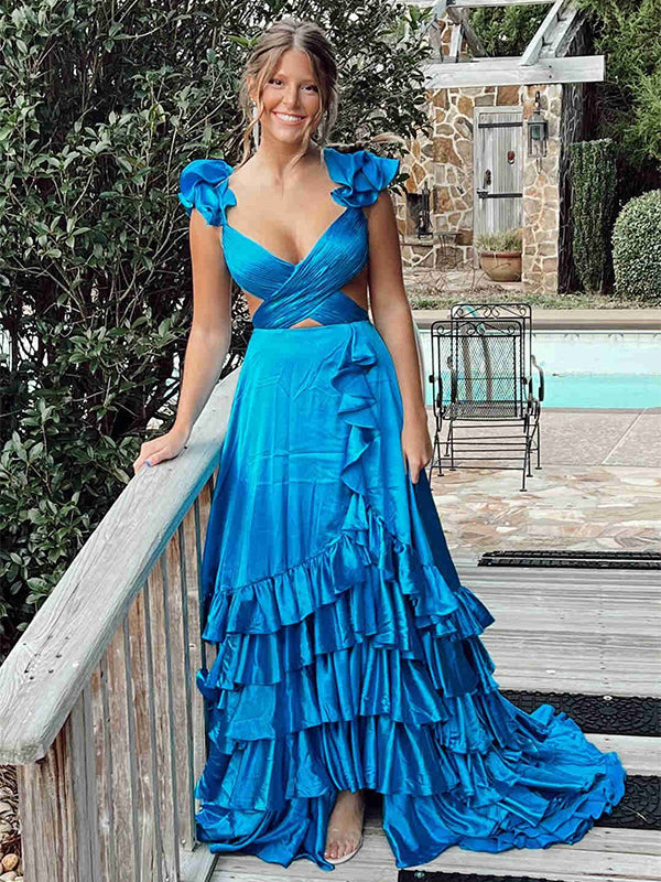 Sexy Blue V-neck Sleeveless Ruffle Tiered Long Prom Dress, PD3649