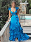 Sexy Blue V-neck Sleeveless Ruffle Tiered Long Prom Dress, PD3649