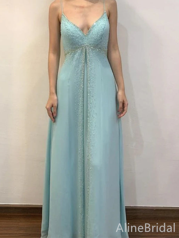 Fairytale Light Blue V-neck Spaghetti Strap A-line Long Prom Dress with Beading, PD38115