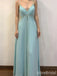 Fairytale Light Blue V-neck Spaghetti Strap A-line Long Prom Dress with Beading, PD38115