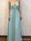 Fairytale Light Blue V-neck Spaghetti Strap A-line Long Prom Dress with Beading, PD38115