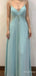 Fairytale Light Blue V-neck Spaghetti Strap A-line Long Prom Dress with Beading, PD38115