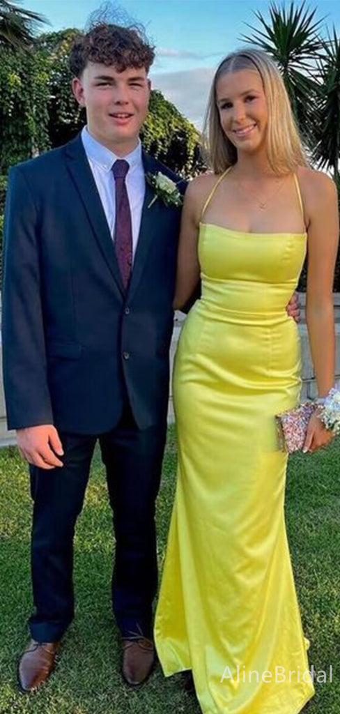 Sexy Yellow Spaghetti Strap Halter Mermaid Long Prom Dress, PD38117