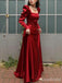 Elegant Red Square Long Sleeves A-line Long Prom Dress,PD38119