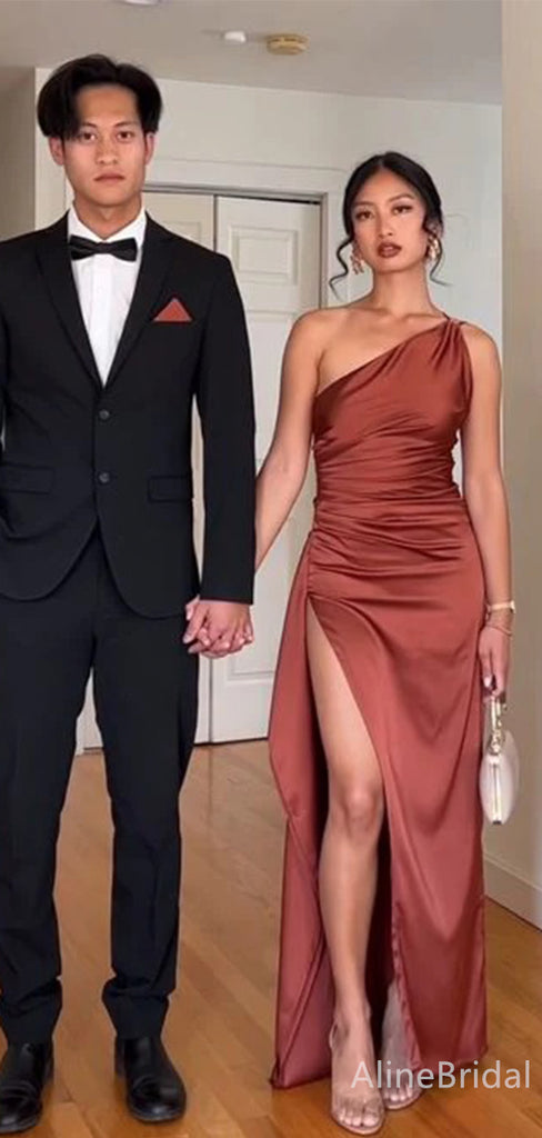 Elegant Reddish - Brown One Shoulder Side Slit Mermaid Long Prom Dress, PD38127